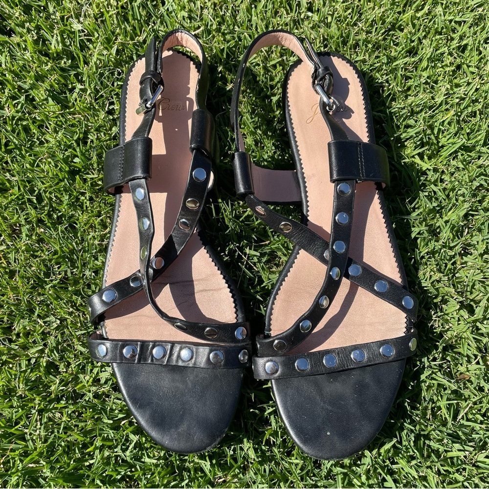 EUC J.Crew Women’s Black Leather Strappy Buckled Cora Sandals with Studs Size 10